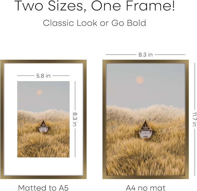 Homeforia A4 Picture Frame Bronze, High End Metal 8.3 x 11.7 inch Brass Poster Frames with Mat 5.8 by 8.3 Print, A4 Frames Matted to A5 Photo, 8.3x11.7 Wall or Tabletop Frame, Tempered Glass, Set of 2