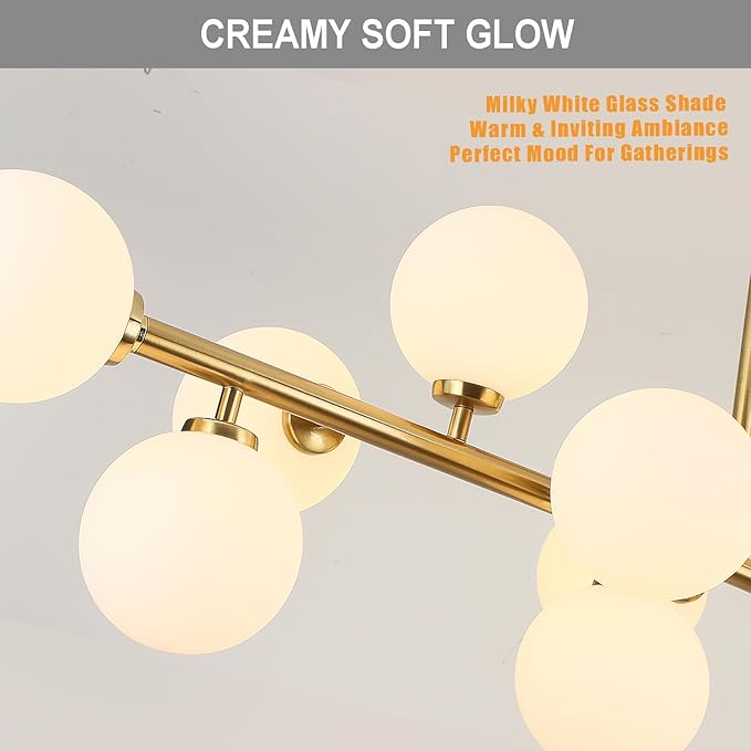 Mid Century Modern Chandelier 55in Linear Gold Pendant Lighting Fixture Linear Chandeliers for Kitchen Island, Dining Room 16-Light