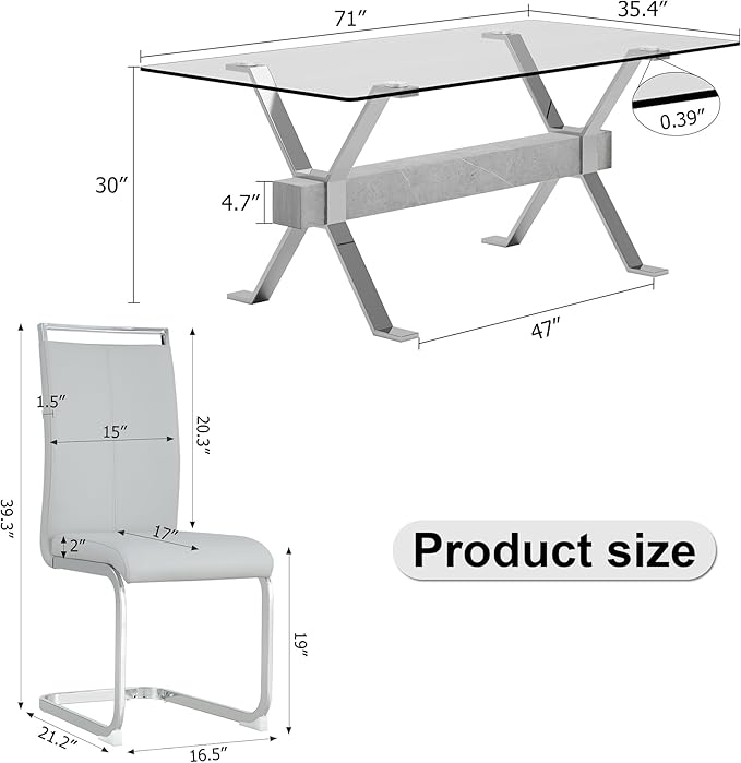 9 Piece Glass Dining Table Set, Kitchen Table Chairs Set for 8, 71'' Dining Table with 0.4" Tempered Glass Tabletop with Plated Metal Legs and MDF Crossbar, 8 PU Chairs for Dining Room, Kitchen.