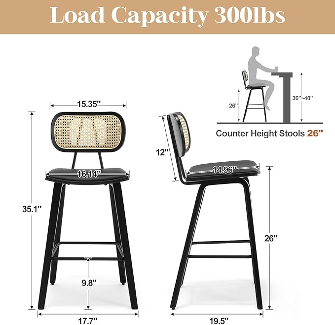Counter Height Bar Stools, 26" PU Leather Upholstered Rattan Barstools, Mid Century Modern Bar Chairs with Black Wood Legs, Armless Walnut Kitchen Island Dining Bar Chair, Black