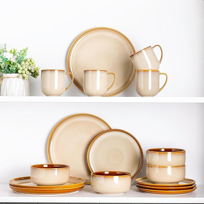 LERATIO Ceramic Dinnerware Sets for 12, 36 Pieces Plates and Bowls Sets, Reactive Glaze Dishes -Scratch Resistant, Dishwasher&Microwave Safe&Oven Safe-Kahki
