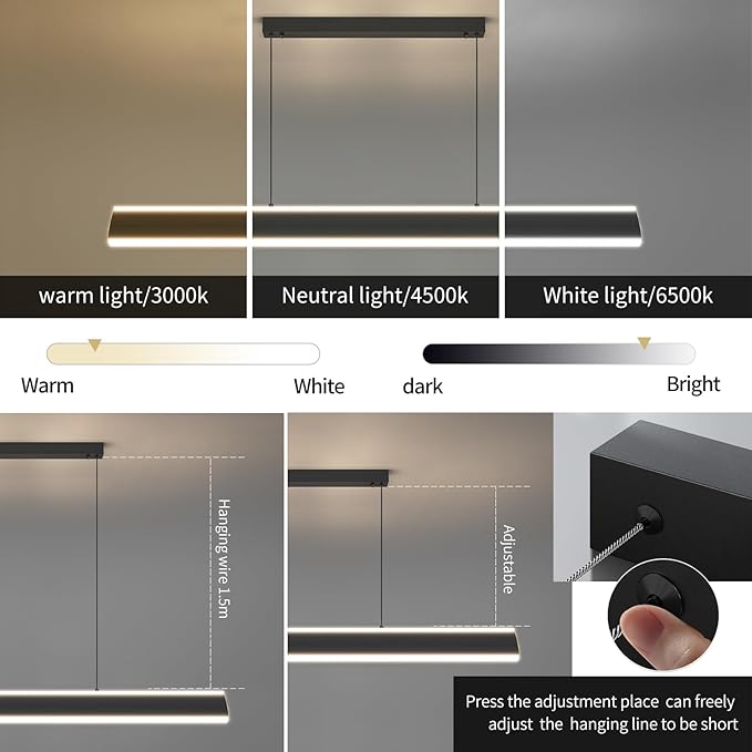 47" Linear Pendant Light Fixtures, Dimmable LED Chandeliers for Dining Room, Modern Pool Table Island Light for Kitchen Dining Room Billiard Room Office, Black, Adjustable Height