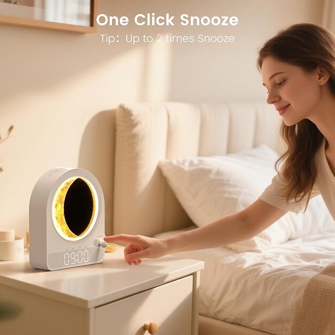 Sunrise Alarm Clock, White Noise Machine & Meteor Moonlight - 10 Soothing Sounds, Dual Alarms, 30/60/90min Timer, Easy Snooze - Bedroom Gift for Insomnia Adults/Women - White