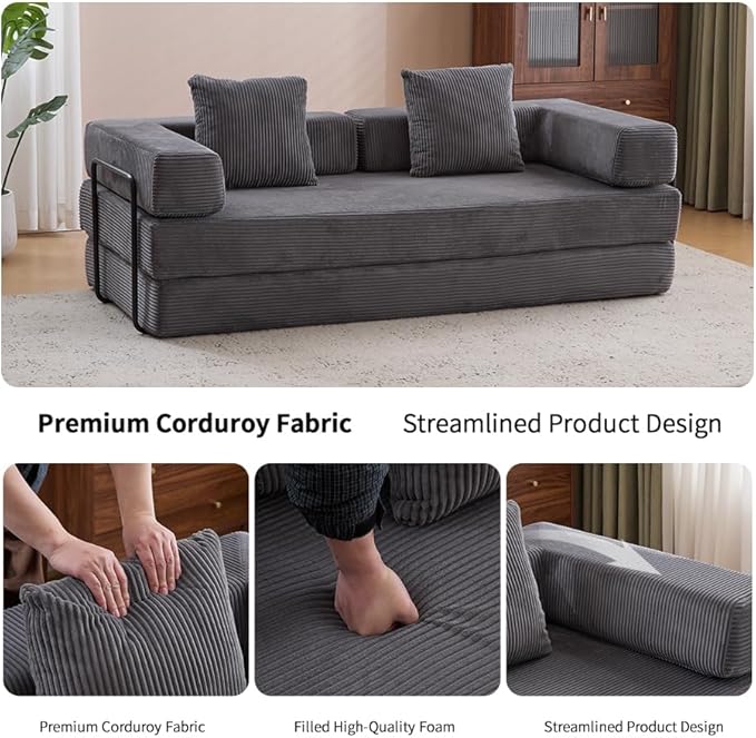 Convertible Folding Mattress Couch, Floor Sofa Bed with Fixed-Shape Frame, Corduroy Floor Sofa with Armrest, Floor Sofa Lounge Couch for Living Room Bedroom Lounge Studio-Dark Grey