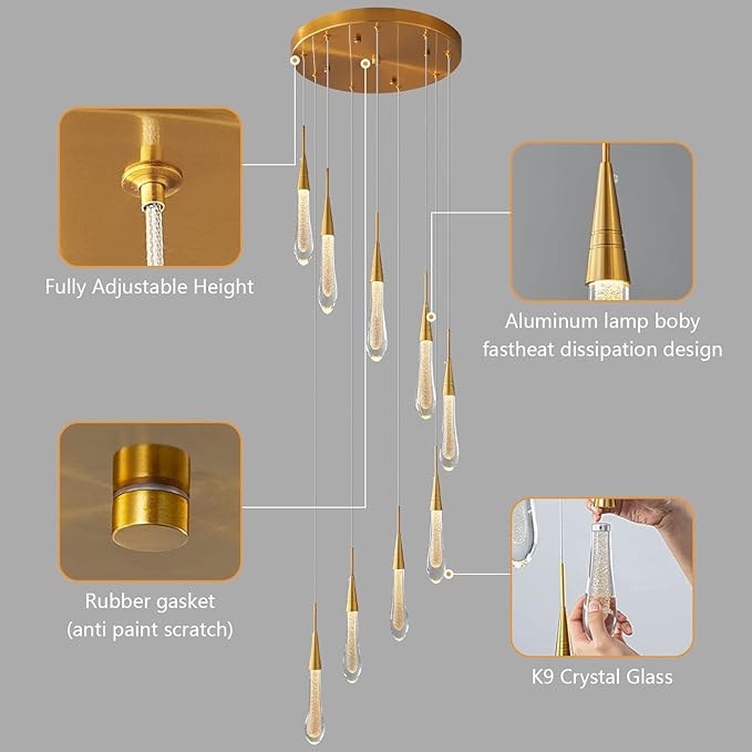 LMQNINE 9 Light Modern Crystal Chandelier Dimmable LED Gold Ceiling Light Crystal Bubble Pendant Lights Living Room Lobby 45W Staircase Chandeliers