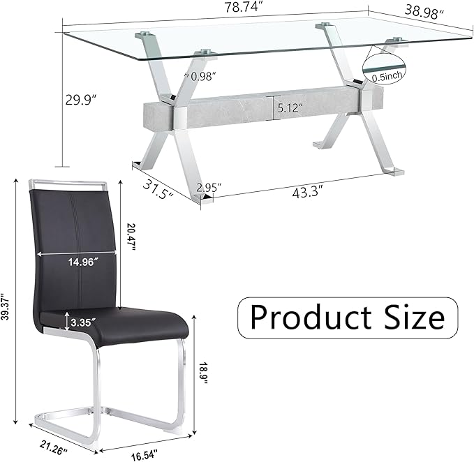 9 Piece Glass Dining Table Set, 79" Modern Dining Table Set for 8, 0.5" Thick Tempered Glass Tabletop with Silver Chrome Metal Legs and Grey Crossbar, 8 PU Chairs for Dining Room, Kitchen
