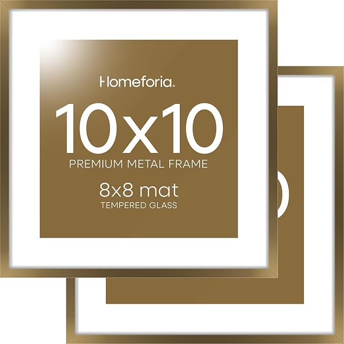 Homeforia 10x10 Picture Frame Bronze, High End Metal 10 by 10 Square Brass Frames with Mat 8 x 8 Photo, 10x10 Poster Frame Matted to 8x8 Art, Wall or Tabletop Frame, Tempered Glass, Wall Kit, Set of 2