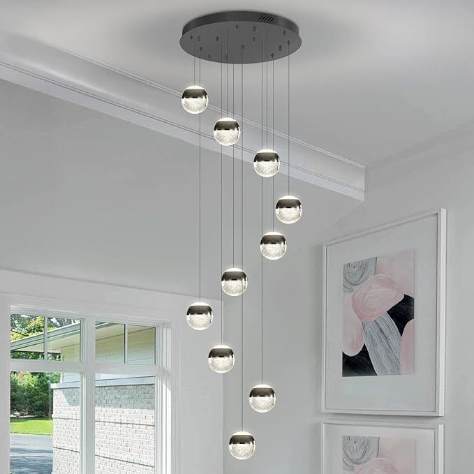 Staircase Chandelier Crystal Globe Pendant Light Black Large Chandeliers for High Ceiling,10-Lights Hanging Flush Mount Lighting Fixtures for Foyer,Entryway,Living Room