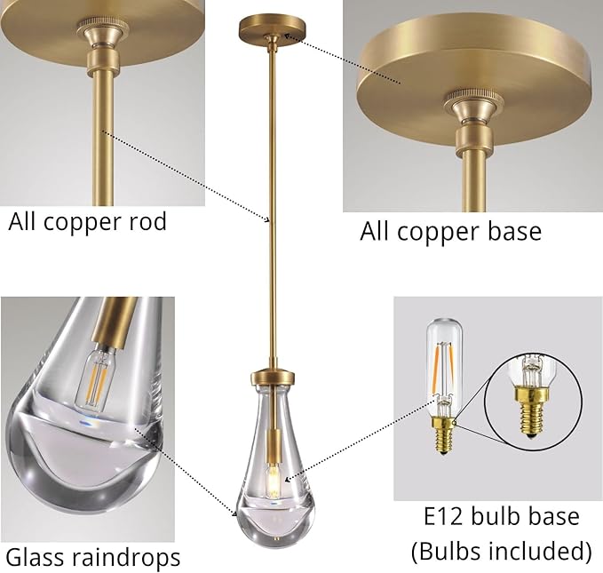 Raindrop Pendant Lights 2 Pack, Pendant Lights for Kitchen Island, Brass Rod Dining Room Light Fixture, Raindrop Chandelier, Pendant Lights for Living Room Hallway, Including Bulb