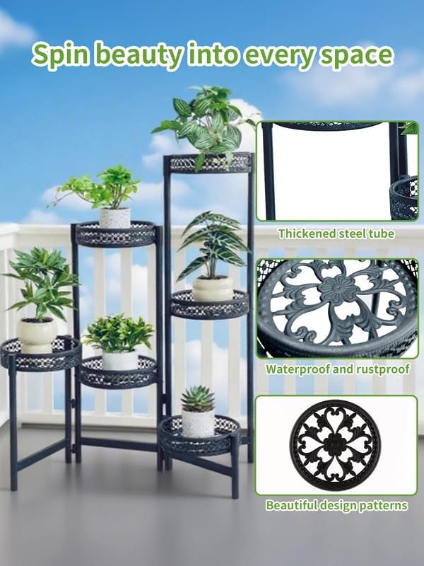 6 Tier Metal Plant Stand Indoor Outdoor, Corner Tall Plant Shelf for Multiple Plants, Foldable Heavy Duty Plant Holder, Decoration Flower Stand for Living Room Balcony Patio Garden- BlackWave