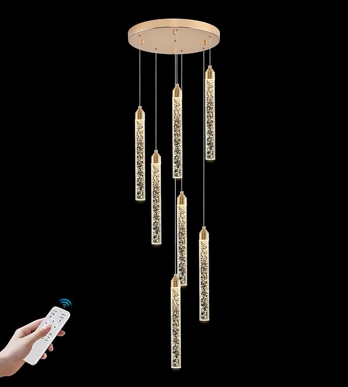 7-Light High Ceiling Crystal Staircase Chandelier Gold, Modern Spiral Raindrop Dimmable LED Bubble Cluster Ceiling Hanging Lighting Fixture for Foyer Living Room Entrance Remote Control