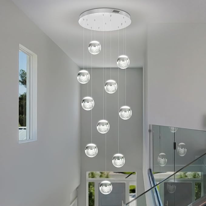 LED Staircase Chandelier Crystal Globe Pendant Light Large Chandeliers for High Ceiling,10-Lights Hanging Flush Mount Lighting Fixtures for Foyer,Entryway,Living Room