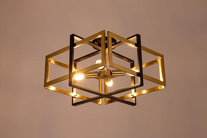 TOCHIC Flush Mount Ceiling Light, Black Gold Farmhouse Flush Mount Chandelier 4 Lights Industrial Metal Light Fixture for Dining Room, Living Room, Foyer, Hallway, Bedroom