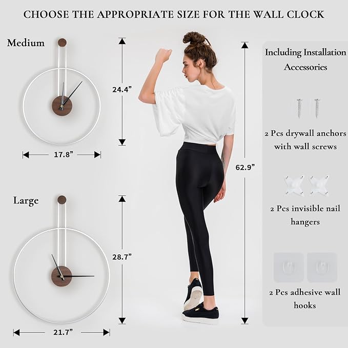 Modern Wall Clock Large Wall Clocks with Walnut Dial Silent Non-Ticking for Living Room Home Decor Bedroom Kitchen Office 17.8''× 24.4'' (Silver, Medium)