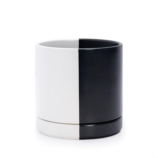 D'vine Dev 6.5 Inch Ceramic Planter Pot with Drainage Hole and Saucer, Indoor Cylinder Round Planter Pot, Split Monochrome Black & White, 94-O-C-0