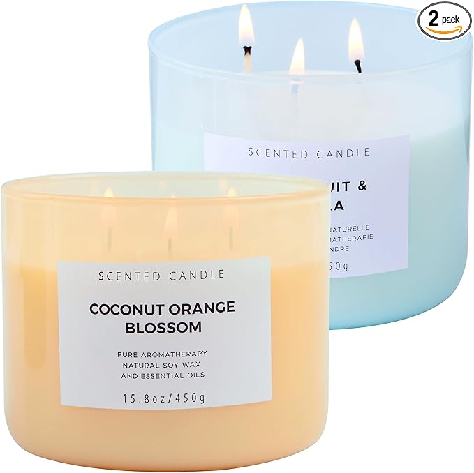 T&H Aromatherapy Soy Candles for Women & Men, Coconut Orange Blossom & Grapefruit Vanilla 3 Wick Scented Candles, 2 x 15.8 Oz