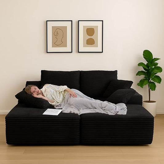 Chaise Lounge Chair, Couches for Living Room, Oversized Upholstered Loveseat Sleeper Indoor, Cloud Sofa Bed Indoor Deep Seat, No Assembly Required Corduroy 2PCS Black