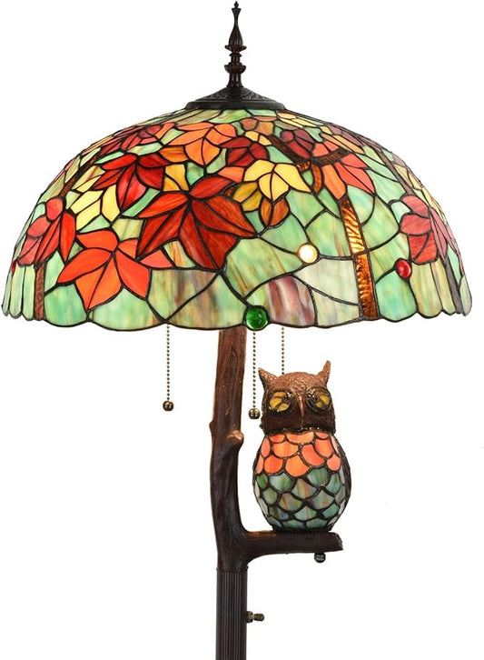Bieye L10841 Maple Tree Leaves Tiffany Style Stained Glass Floor Lamp with 18 inches Wide Lampshade, Owl Side Lamp, 4-Light, 65 inches Tall