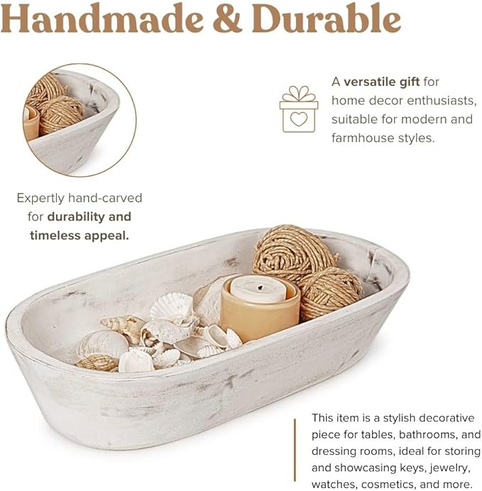 Luxe Designs Wooden Dough Bowl - Rustic White Acacia Wood - Handmade Decorative Bowls for Home Decor, Bathroom, Kitchen Counter, & More - Rustic Large Wood Dough Bowl for Decor, Cosmetics, and Keys