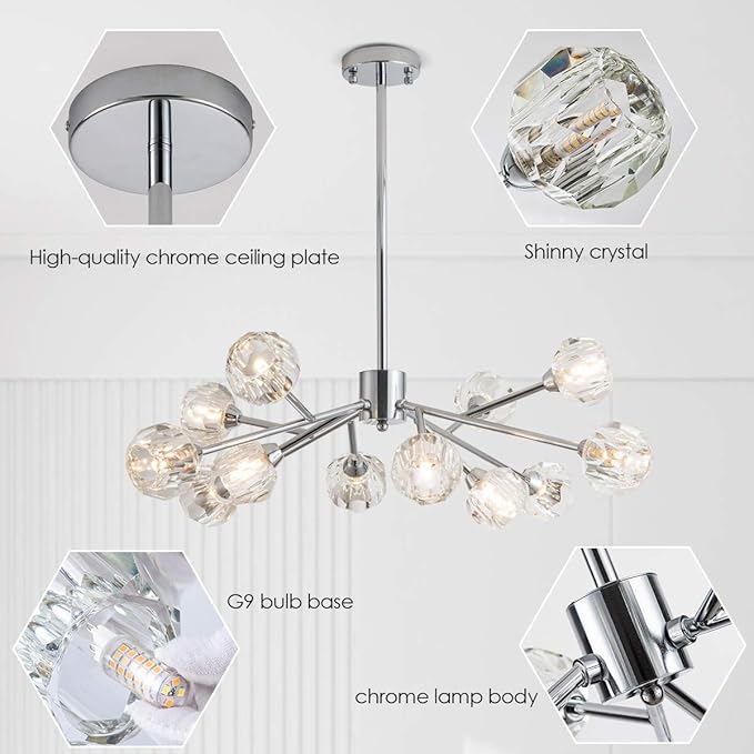 Sputnik Chandeliers for Dining Room Light Fixture Over Table, Modern Crystal Chandeliers, 12 Lights Chrome Lighting Fixtures for Living Room Bedroom Kitchen Island Bar