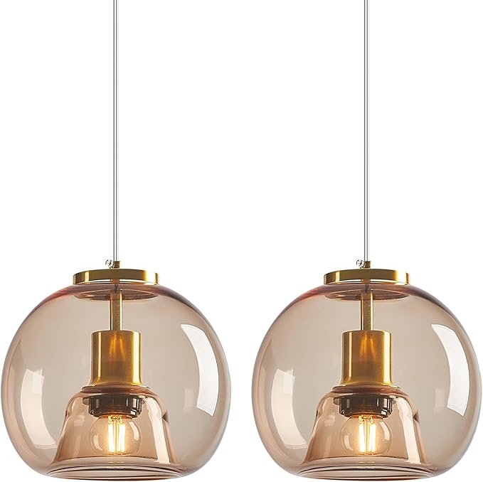Light Coffee Glass Pendant Lights Kitchen Island Gold Hanging Light Fixture Glass Globe Pendant Light Modern Pendant Lighting for Kitchen Island Bedroom Dining Room (7.87", 2 Pack)