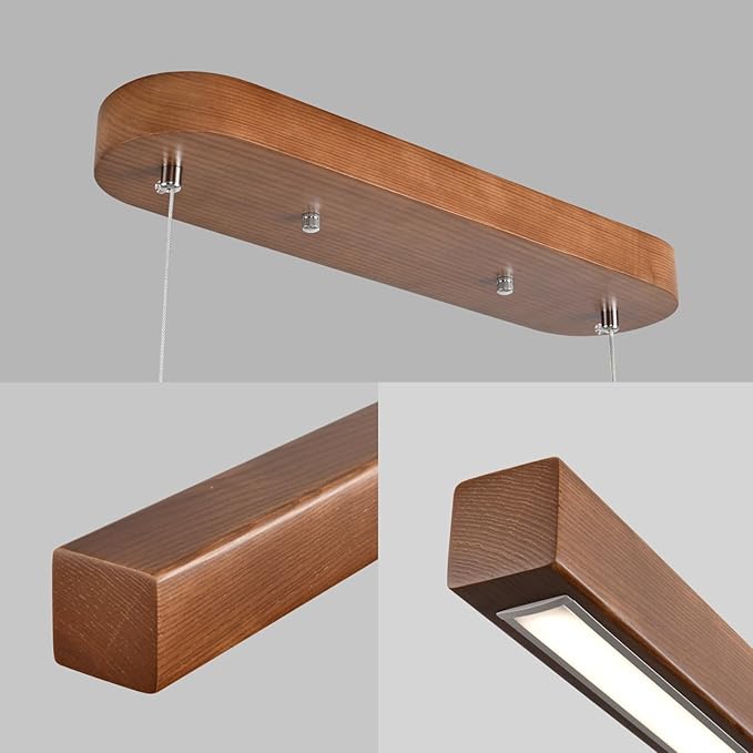 47 Inch Wood Linear Pendant Light Dimmable LED Kitchen Island Lighting with Remote Adjustable Hanging Chandelier for Dining Room Bar Pool Table 30W Modern Farmhouse Fixture Walnut Color
