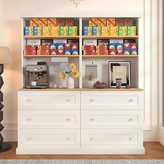 Vyre 71" Farmhouse Kitchen Pantry Cabinet Set of 2, White Freestanding Coffee Bar Hutch with Drawers & Adjustable Shelves, Large Storage Cabinet with Microwave Stand for Living Room & Kitchen