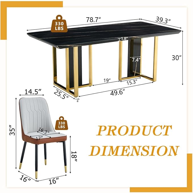 TesNus 79" Black Dining Table Set for 10 with Chairs,Large Faux Marble Kitchen Table and Chairs Set Rectangular 11 Piece Dining Room Set with Gold Metal Legs,Modern Design,Easy Assemble,Stable Base