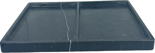 11.81"x7.87" Natural Marble Decorative Tray Countertop Organizer - 2 Compartments Polished Stone Storage Vanity Tray for Bathroom Kitchen Desk, Black White