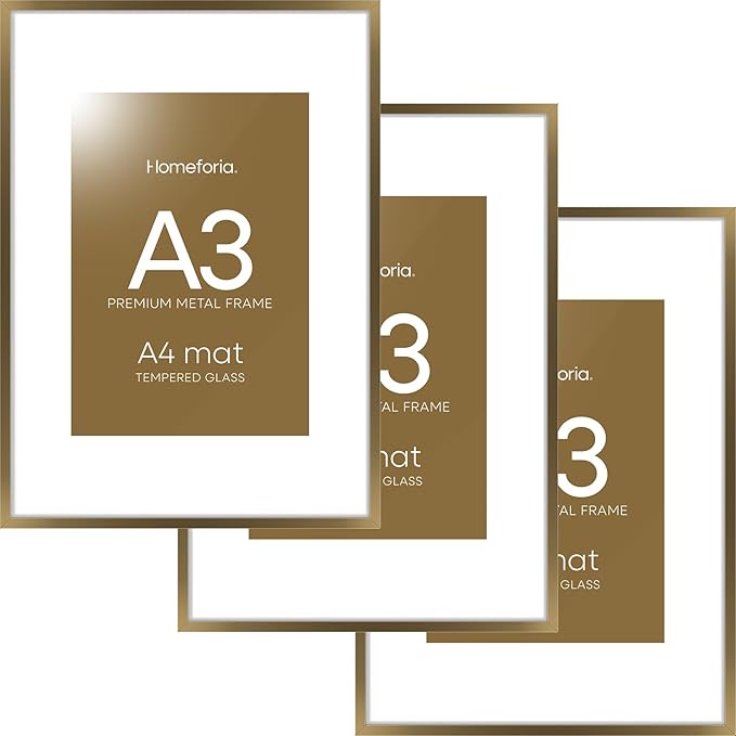 Homeforia A3 Picture Frame Bronze, High End Metal 11.7 x 16.5 inch Brass Poster Frames with Mat 8.3 by 11.7 Print, A3 Size Frames Matted to A4 Photo, 11.7by16.5 Hanging Frame, Tempered Glass, Set of 3
