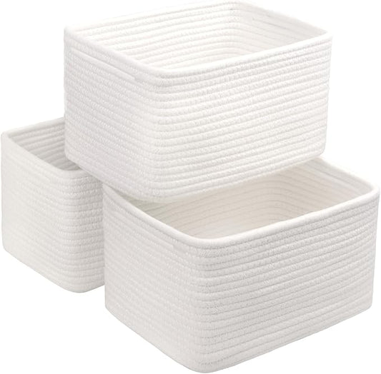 Small Cotton Rope Basket – Storage Bin for Organizing (10.6" x 6.7" x 6.7"), Bathroom Storage Basket for Shelf, Counter & Closet（White）