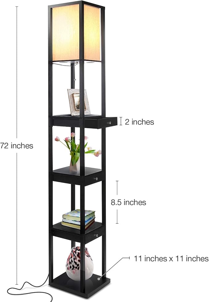 Brightech Maxwell Drawer Edition - Modern Shelf Floor Lamp with Drawer - Corner Display Floor Lamps with Shelves for Living Room, Bedroom and Office - Black