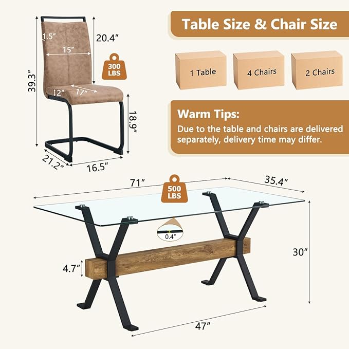 7 Piece Glass Dining Table Set, Kitchen Table Chairs Set for 6, 71'' Dining Table with 0.4" Tempered Glass Tabletop with Plated Metal Legs and MDF Crossbar, 6 PU Chairs for Dining Room, Kitchen.