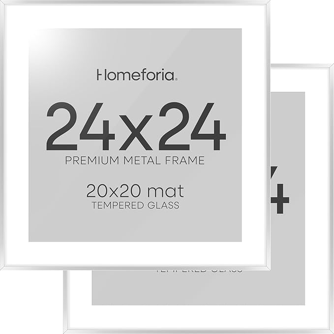 Homeforia 24x24 Silver Picture Frame, High End Metal 24 x 24 Large Square Silver Frames with Mat 20 by 20 inch Photo, 24by24 Thin Poster Frame Matted to 20x20 Print, Tempered Glass, Wall Kit, Set of 2