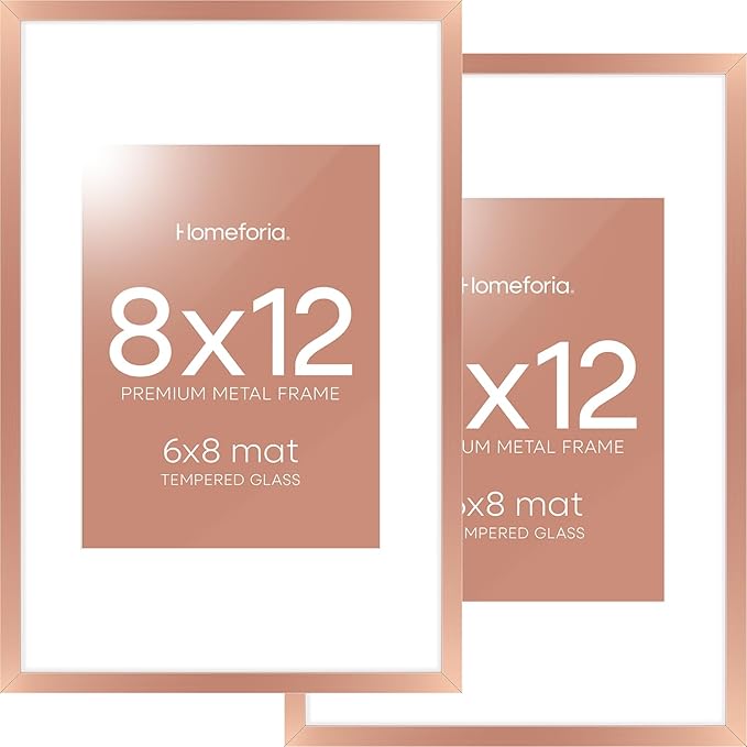 Homeforia 8x12 Picture Frame Rose Gold, High End Metal 8 x 12 Poster Frames with Mat 6 by 8 Photo, 12x8 Frame Matted to 6x8 inch Print, 8by12 Wall or Tabletop Frame, Tempered Glass, Wall Kit, Set of 2