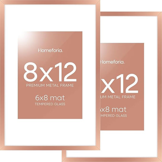 Homeforia 8x12 Picture Frame Rose Gold, High End Metal 8 x 12 Poster Frames with Mat 6 by 8 Photo, 12x8 Frame Matted to 6x8 inch Print, 8by12 Wall or Tabletop Frame, Tempered Glass, Wall Kit, Set of 2