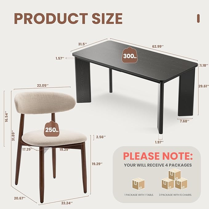 7-Piece Rectangular Dining Table Set for 6, 63" Industrial Kitchen Table with 6 Wooden Upholstered Dinner Chairs for Dining Room, Kitchen, Living Room, Black+Beige