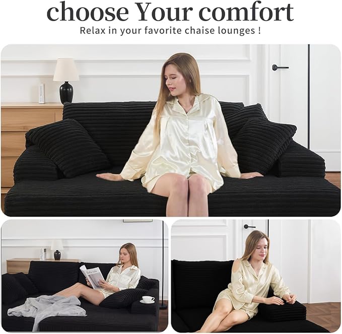Chaise Lounge Chair, Couches for Living Room, Oversized Upholstered Loveseat Sleeper Indoor, Cloud Sofa Bed Indoor Deep Seat, No Assembly Required Corduroy 2PCS Black