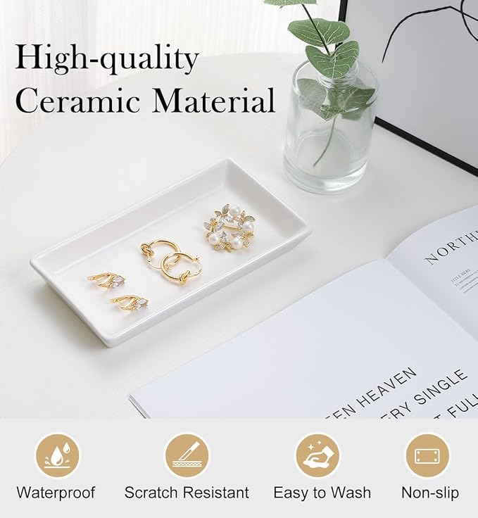 Jewelry Tray, Small Rectangle Ceramic Vanity Tray Jewelry Dish, Trinket Perfume Tray for Cosmetics, Rings, Bathroom Kitchen Soap, White