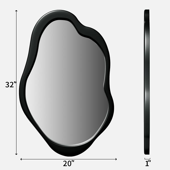 Wavy Mirror, Cloud Mirror, Irregular Wall Mirror with Wood Frame, Modern Decorative Mirror with Hanging Hooks, Asymmetrical Mirror for Bedroom Living Room Entryway (Black, 32×20)