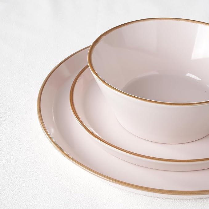 Famiware Saturn Dinnerware Sets, Plates and Bowls Sets for 4, 12 Pieces Stoneware Dish Set - Chip and Scratch Resistant, Microwave and Dishwasher Safe Tableware Set, Light Pink with Rim