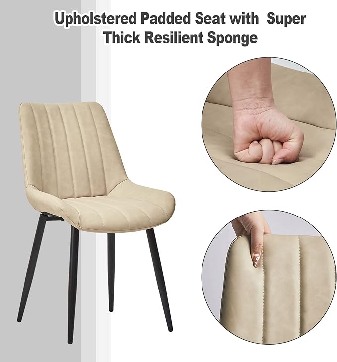 TUKAILAi Faux Leather Dining Chairs Set of 2, Modern Linear Design Kitchen Chairs with Upholstered Seat and Metal Legs, Comfortable Side Chairs for Dining Room Restaurant Commercial (Cream)