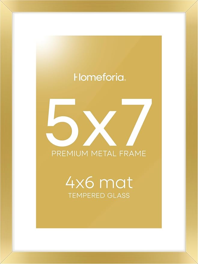 Homeforia 5x7 Picture Frame Gold, High End Metal 5 x 7 Gold Frames with Mat 4 x 6 for Print, 5by7 Desk Frame Matted to 4x6 inch Photo, 5 by 7 Wall or Tabletop Frame, Tempered Glass, Wall Kit, Set of 1