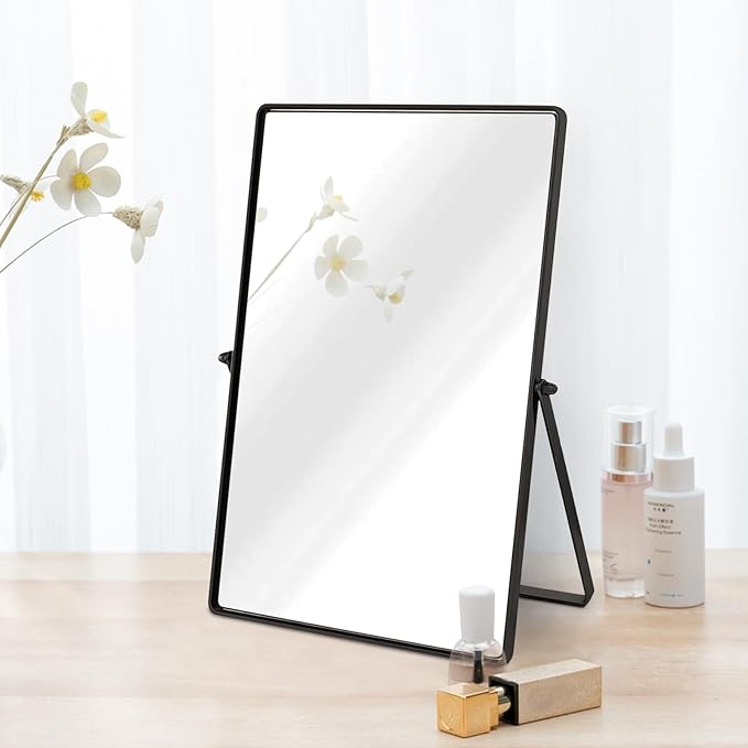 Desktop Makeup Mirror with Black Metal Standing 90° Rotation Vanity Table Mirror Portable Cosmetic Mirror for Dressing Room Bedroom Bathroom Rectangle