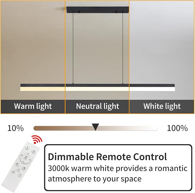 LED Linear Pendant Light, Dimmed Chandeliers for Dining Room with Remote Control, Modern Pool Table Island Lights Adjustable Ceiling Pendant Light for Kitchen, Living Room, Office, Black