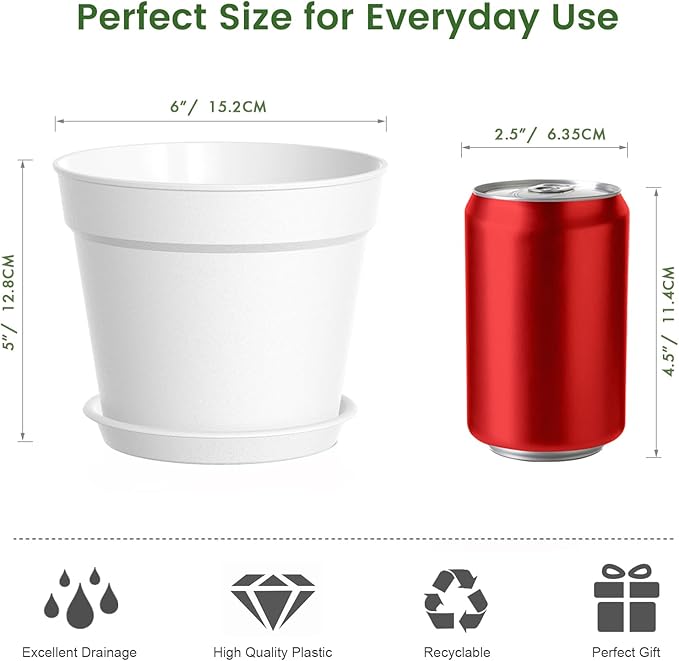 20 Pack 6 Inch Plant Pots with Drainage and Saucers, White Plastic Flower Pots for Indoor and Outdoor Plants, Stackable Nursery Planters for Houseplants and Herbs, White