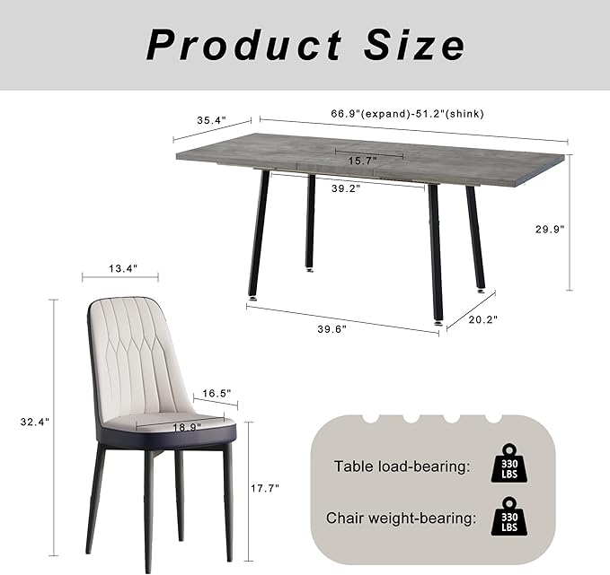 5 Piece Dining Table Set for 4-6,55-71" Extendable Dining Table Set with 4 Upholstered Chairs,Rectangle Kitchen Table Set for Small Space,Dining Room and Office,Grey