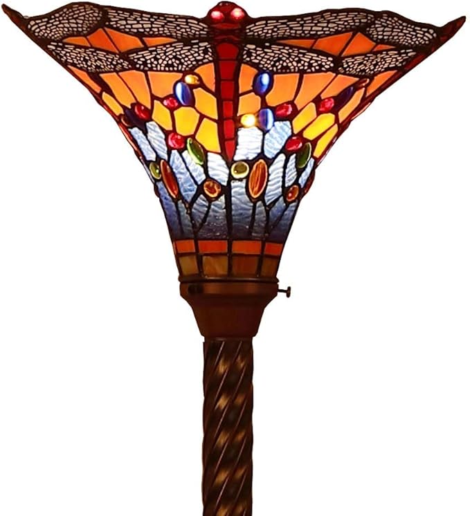 Bieye L10710 Dragonfly Tiffany Style Stained Glass Torchiere Floor Lamp with 13 Inch Wide Handmade Lampshade Metal Base for Dark Corner Living Room Bedroom, Orange Blue, 71 inch Tall