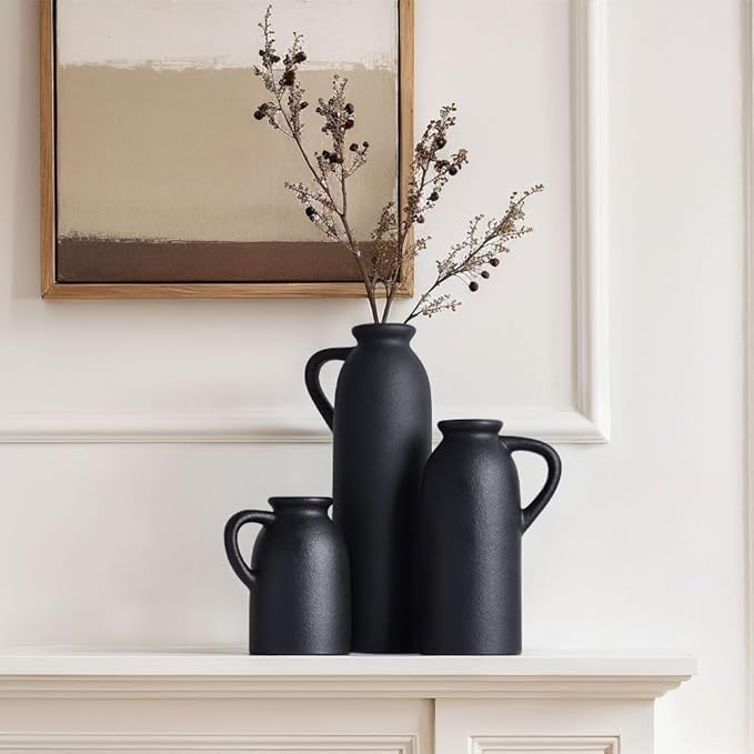 Black Ceramic Vase Set - 3 Small Matte Black Jug Vases, Farmhouse Country Flower Vase Home Decor, Living Room Decoration, Table Decoration, Fireplace Decor, and Entrance Decorations Centerpieces