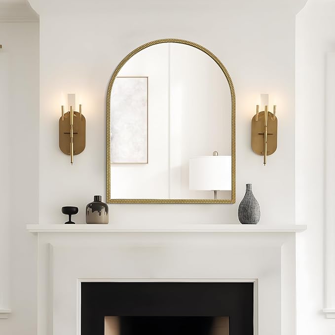 WallBeyond Gold Vintage Mirror for Vanity 28x36 Inch, Gold Antique Mirror with Ornate Beaded Frame for Bathroom, Living Room, Fireplace, Entryway